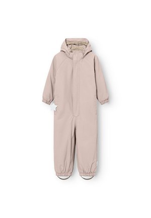 Beige gepolsterter Schneeanzug mit Kapuze, elastischen Bündchen, Reißverschluss und Stiefelüberzügen. Glatte Textur, entworfen für kaltes Wetter.