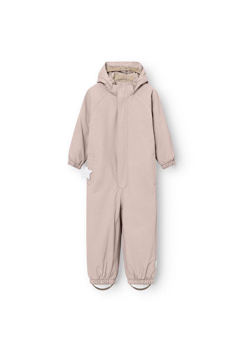 Beige gewatteerde sneeuwoverall met een capuchon, elastische manchetten, ritssluiting en laarzenbeschermers. Glad oppervlak, ontworpen voor koude weersomstandigheden.