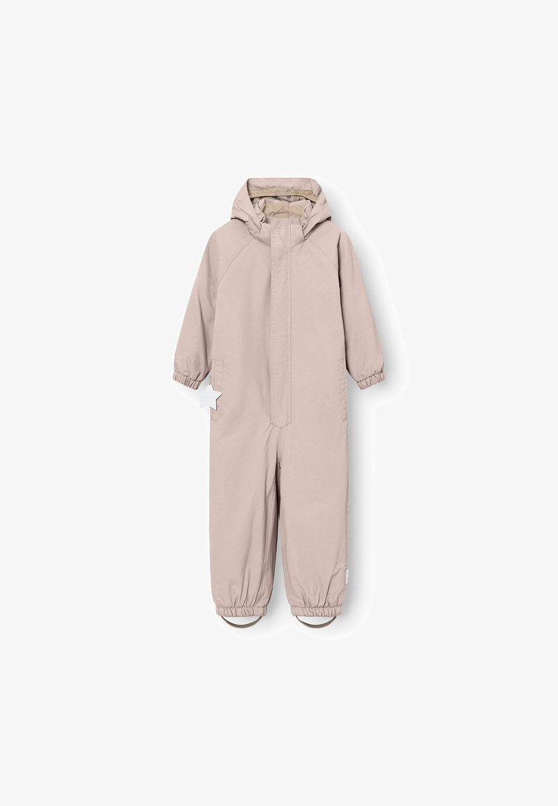 Beige polstret snowsuit med hette, elastiske mansjetter, glidelås og støvledeksler. Glatt tekstur, designet for kalde værforhold.