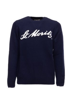 Maglione lavorato a maglia blu navy con scollo rotondo, caratterizzato da scritte bianche "St. Moritz" sul petto e polsini e orlo a costine.