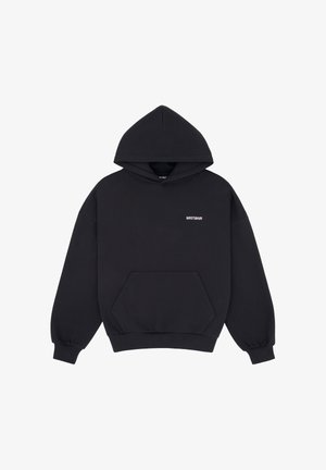 Black hooded sweatshirt with front kangaroo pocket and small white "WRSTBHVR" text on the upper left chest area.