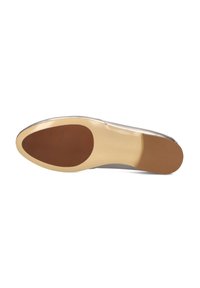 Echte leren schoenzool met een ronde neus, met een lichtbeige buitenkant en een donkerbruine rubberen pad aan de hiel voor grip.