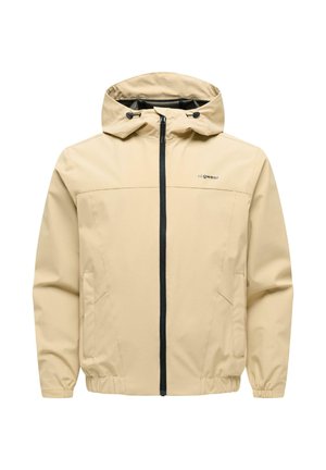 Beige hettejakke med svart frontglidelås, elastiske mansjetter og kant, samt sidelommer. Liten logo på høyre side av brystet.