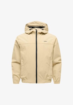 Beżowa kurtka przeciwdeszczowa z kapturem, z czarnym przednim zamkiem błyskawicznym, elastycznymi mankietami i dołem oraz bocznymi kieszeniami. Małe logo po prawej stronie na piersi.