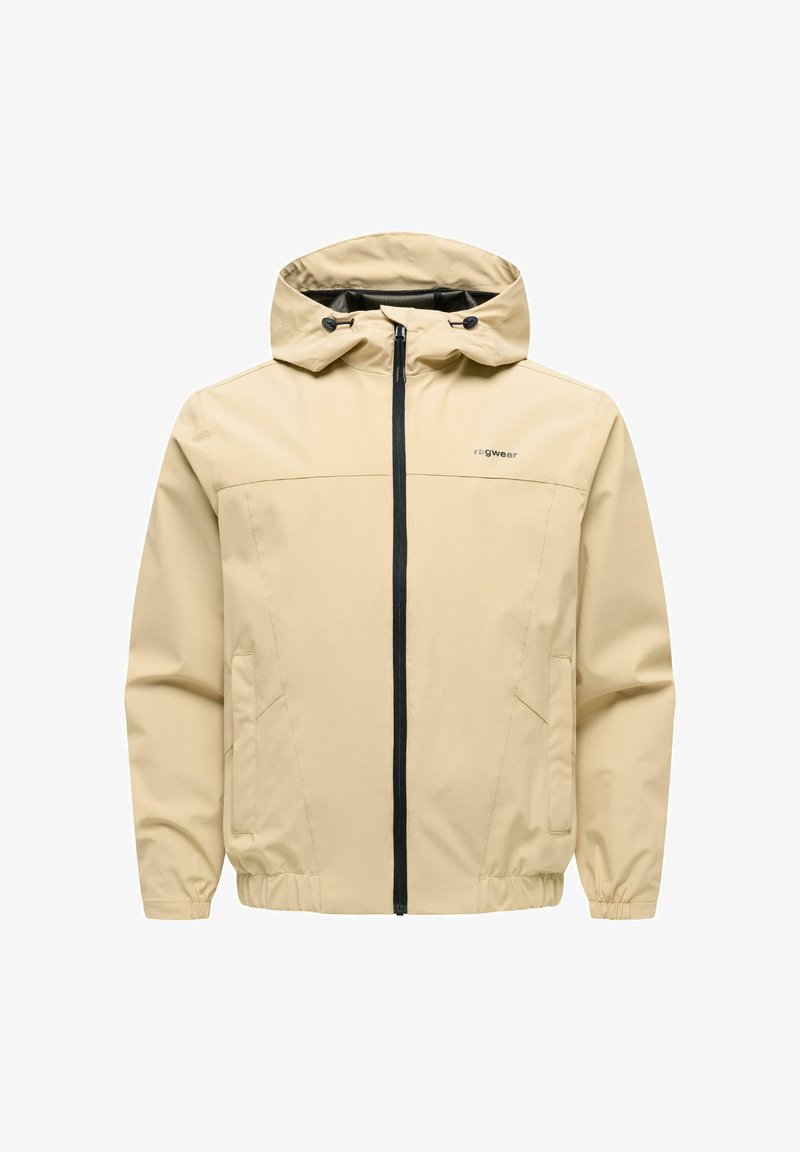 Beżowa kurtka przeciwdeszczowa z kapturem, z czarnym przednim zamkiem błyskawicznym, elastycznymi mankietami i dołem oraz bocznymi kieszeniami. Małe logo po prawej stronie na piersi.
