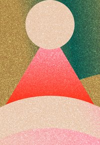 Αφηρημένη τέχνη που περιλαμβάνει ένα μεγάλο κυκλικό σχήμα στην κορυφή, στοιβαγμένα τριγωνικά σχήματα σε ροζ και κόκκινο από κάτω, με φόντο υφής γκλίτερ.