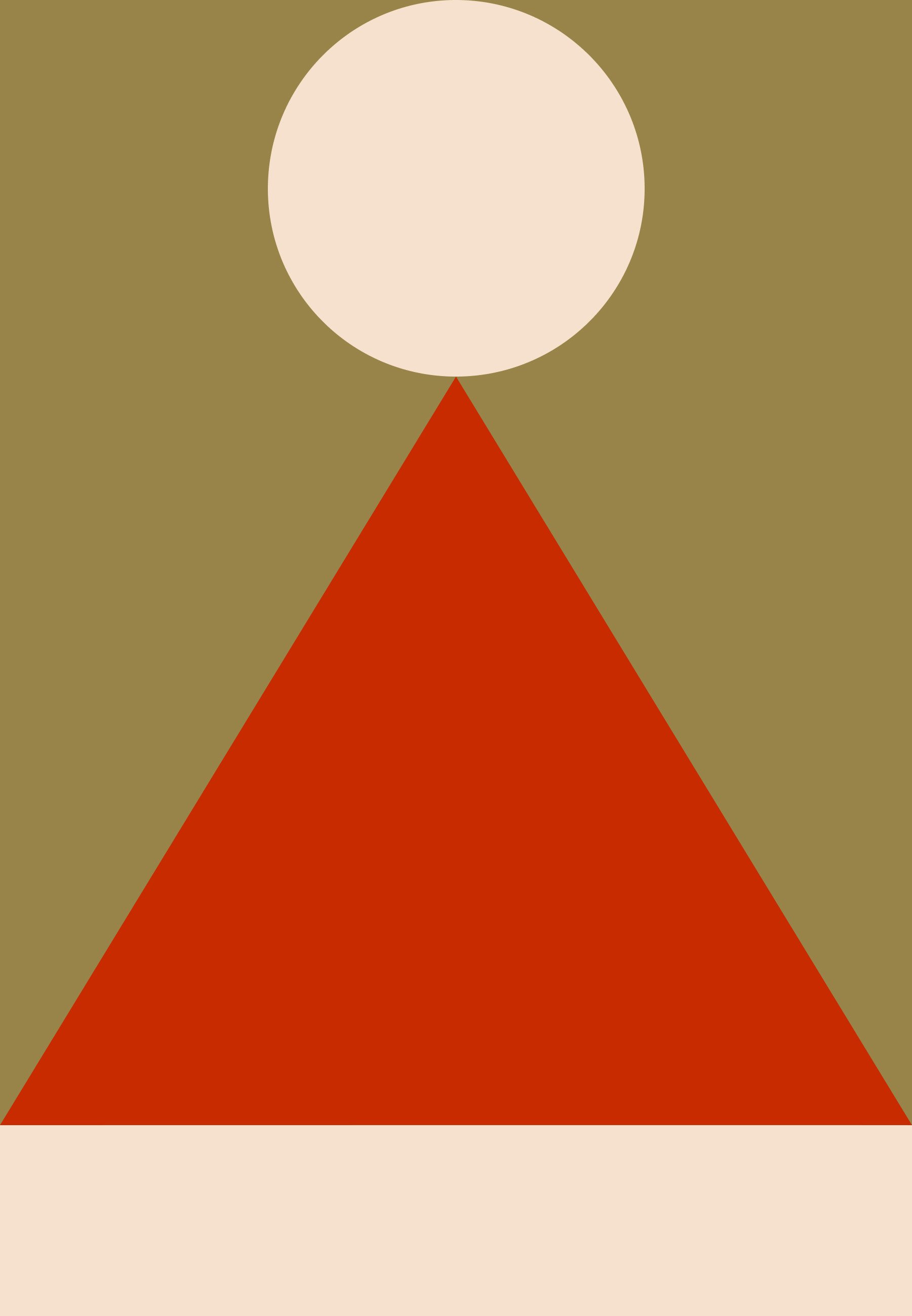 Geometrisches Design mit einem großen beigen Kreis über einem roten Dreieck auf einem goldenen Hintergrund, mit einem beigen Rechteck am Boden.
