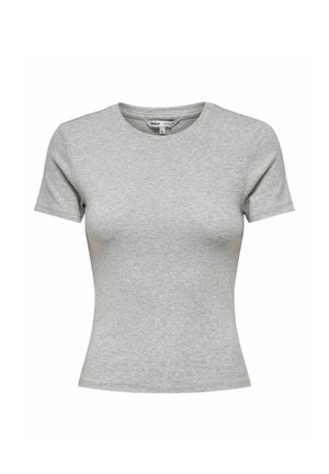 Camiseta ajustada de manga corta y cuello redondo en gris claro, con una pequeña etiqueta de la marca en la parte posterior del cuello.
