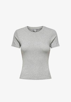 Camiseta ajustada de manga corta y cuello redondo en gris claro, con una pequeña etiqueta de la marca en la parte posterior del cuello.