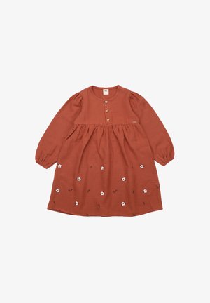 rostfarbenes Kleid mit langen Ärmeln, rundem Ausschnitt und Knopfleiste. Verziert mit weißer Blumenstickerei und gerafftem Rock. Weicher, strukturierter Stoff.