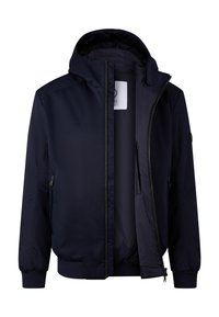 Granatowa kurtka z kapturem, z pełnym zamkiem błyskawicznym, elastycznymi mankietami i zamykanymi na zamek kieszeniami po bokach. Gładki materiał z podszewką.