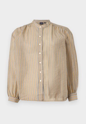 Button-up shirt with a high collar, yellow and blue vertical stripes, long sleeves with gathered cuffs, and six front buttons.