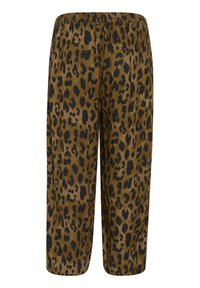 Pantalones marrones holgados con estampado de leopardo negro y cinturilla elástica, exhibidos de frente sobre un fondo blanco.