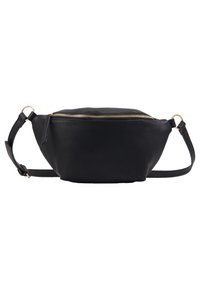 Mustat nahkaiset vyölaukkut, joissa on kultaiset vetoketjut, kaareva muotoilu, säädettävä hihna ja sileä pinta. Sisältää yhden pääosaston.