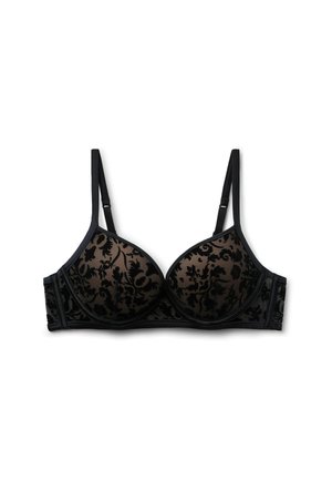 Sujetador negro con encaje floral, tirantes ajustables y copas con aros, colocado sobre fondo blanco.
