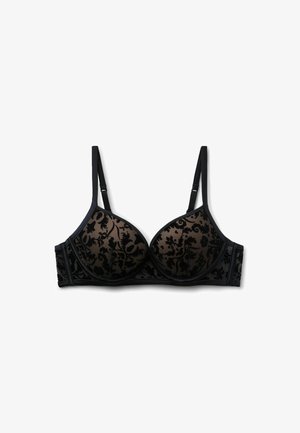 Sujetador negro con encaje floral, tirantes ajustables y copas con aros, colocado sobre fondo blanco.