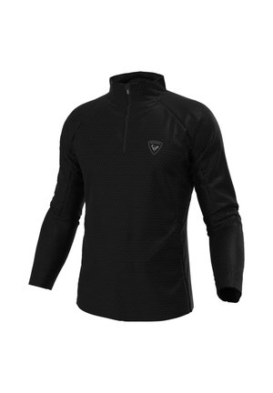 Black lightweight pullover with a half-zip collar, hexagonal pattern, long sleeves, and a small logo on the chest area.