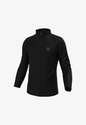 Czarny lekki narzut z kołnierzem na pół-zamek, sześciokątnym wzorem, długimi rękawami i małym logo na obszarze klatki piersiowej.