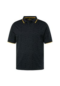 Schwarzes Polohemd mit dezentem Paisleymuster, kurzen Ärmeln, gelbem Kragen und Ärmelbündchen, dreiknöpfiger Knopfleiste und normaler Passform.