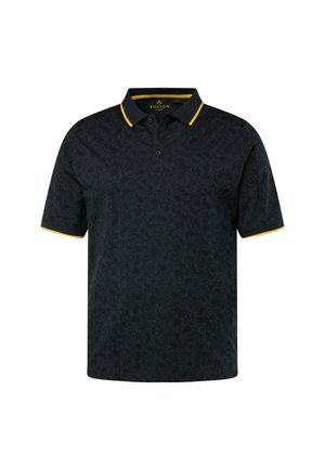 T-shirt polo noir avec un motif paisley subtil, manches courtes, col jaune et bordures de manches jaunes, patte de boutonnage à trois boutons et coupe régulière.