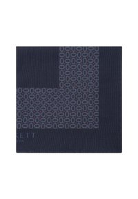 Fazzoletto blu navy con un angolo decorato da ovali interconnessi in bianco e rosso, e un marchio nell'angolo in basso a sinistra.