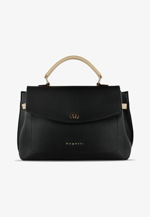 Sac à main noir texturé avec une poignée crème, des ferrures dorées, un fermoir à rabat et un logo subtilement embossé à l'avant.