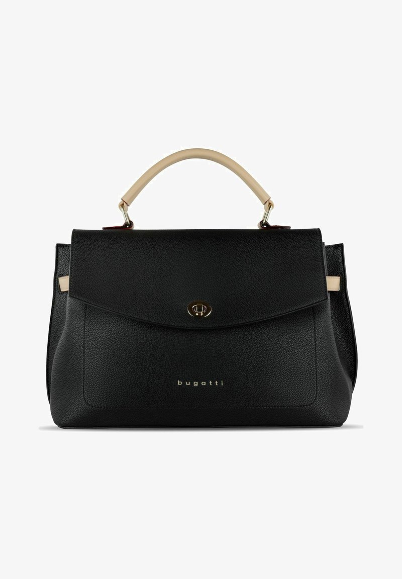 Sac à main en cuir noir à texture grainée, forme structurée, poignée beige accentuée, ferrures dorées et logo sur le devant.