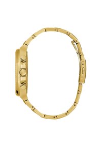 Montre en or avec un boîtier rectangulaire texturé, trois boutons circulaires et un bracelet à maillons avec des finitions polies et brossées.