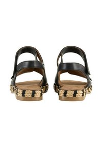 Black leather sandals with two adjustable straps, cork footbed, and jute-wrapped sole featuring a striped pattern in natural and black.