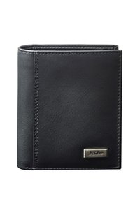Black leather wallet featuring a sleek, rectangular design with visible stitching and a metallic logo accent on the front.