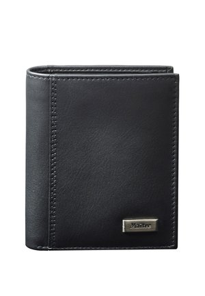 Portefeuille en cuir noir présentant un design rectangulaire élégant avec des coutures visibles et un accent logo métallique à l'avant.