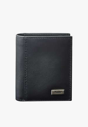 Billetera de cuero negro con un diseño rectangular elegante, costuras visibles y un acento metálico del logo en la parte frontal.