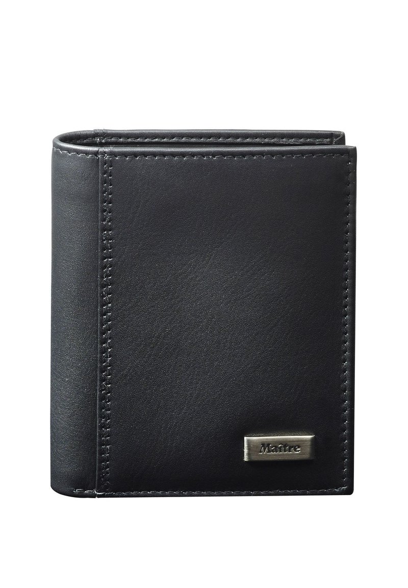 Black leather wallet featuring a sleek, rectangular design with visible stitching and a metallic logo accent on the front.