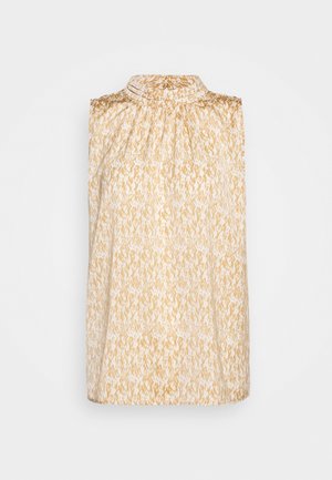 Ärmelloses Blusenshirt in Hellgelb und Weiß mit strukturiertem Blumenmuster, ausgestattet mit einem hohen Kragen und gerafften Details an den Schultern.