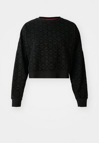 Svart cropped collegegenser med teksturert blomstermønster, ribbede mansjetter og halslinning. Mykt stoff med en løs passform og lange ermer.