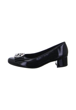 Black patent leather low-heel pump with round silver decorative buckle on the toe and a smooth finish.