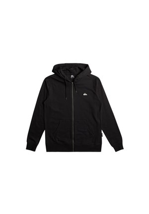 Černá mikina na zip vyrobená z měkké směsi bavlny. Obsahuje kapuci se stahovací šňůrkou, klokaní kapsy a malé logo na prsou.