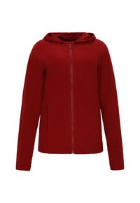 Felpa rossa con zip, dal texture morbido, maniche lunghe e cappuccio. Presenta una zip frontale e nessun motivo o dettaglio hardware visibile.