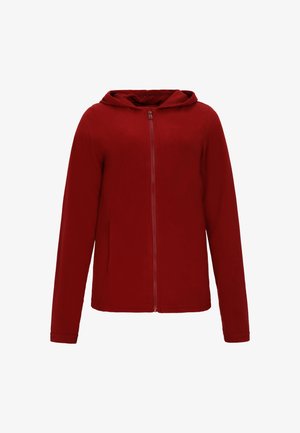Red zip-up hoodie with a soft texture, long sleeves, and a hood. Features a front zipper and no visible patterns or hardware details.