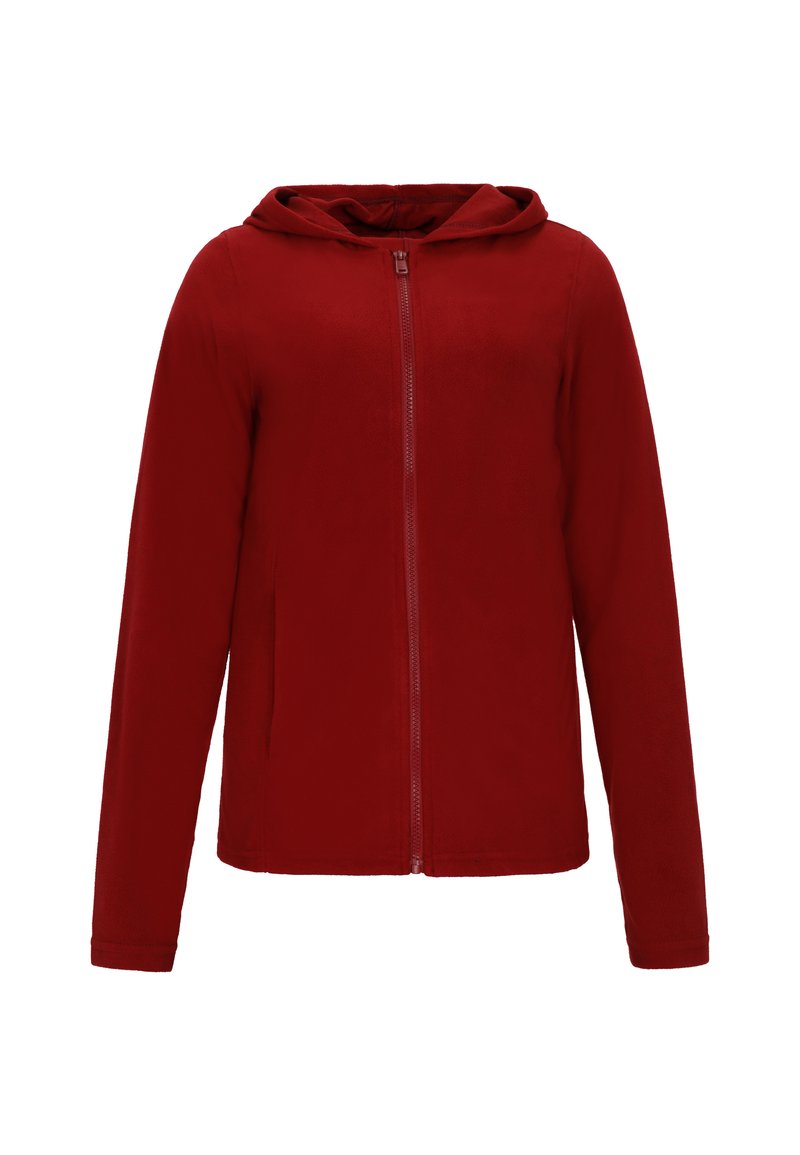 Felpa rossa con zip, dal texture morbido, maniche lunghe e cappuccio. Presenta una zip frontale e nessun motivo o dettaglio hardware visibile.
