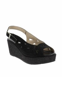 Sandale compensée en daim noir avec un haut perforé, orteils ouverts et bride arrière ; elle possède une semelle texturée et pailletée pour plus d'adhérence.