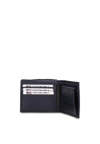 Portafoglio in pelle blu scuro con molteplici scomparti per carte, tasca per monete e dettaglio del logo in rilievo. Texture liscia e design verticale.