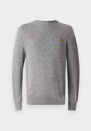 Gray knitted sweater with a round neckline and long sleeves. Features a small yellow logo on the left chest area. Soft texture.