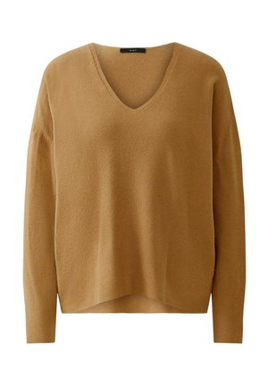 V-neck, long-sleeve sweater in a warm, mustard color. Textured knit fabric with a relaxed fit and slightly curved hem. Brand label visible.