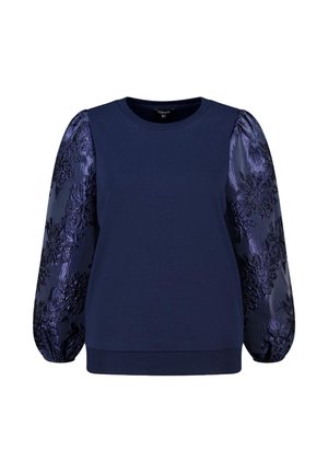 Marineblauw topje met effen lijfje en glanzende, gestructureerde bloemenpofmouwen van bijpassende donkerblauwe stof.