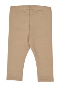 Leggings in cotone marrone con texture morbida, forma aderente, elastico in vita e orli cuciti, caratterizzati da un design semplice senza motivi.