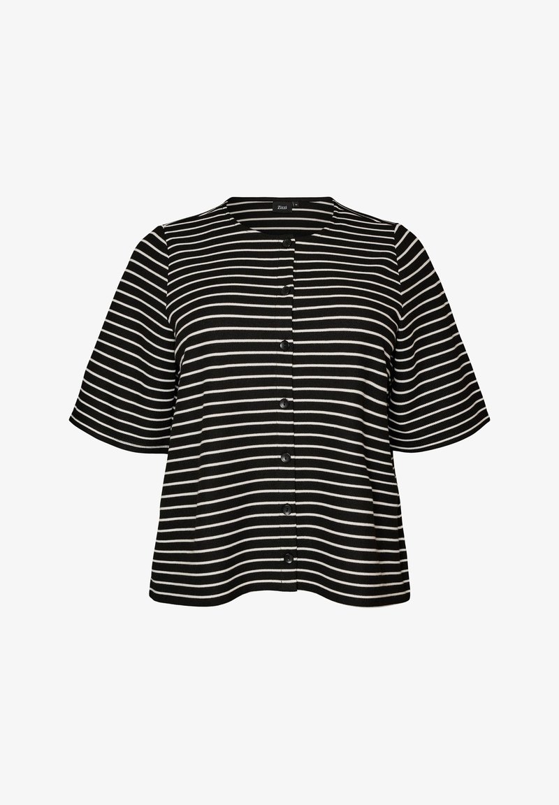 Schwarz-weiß horizontal gestreifter Kurzarm-Cardigan mit rundem Ausschnitt und vorderer Knopfleiste.