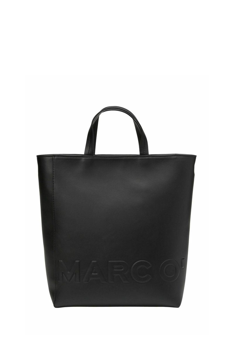 Sac fourre-tout en cuir noir avec une forme structurée et un design minimaliste. Présente le logo en relief "MARC O'" sur le devant et deux poignées.