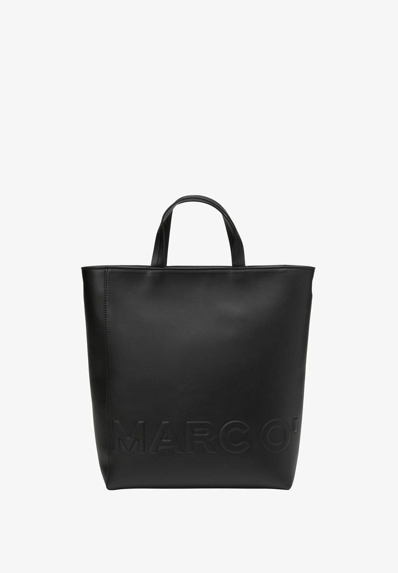 Sac fourre-tout en cuir noir avec une forme structurée et un design minimaliste. Présente le logo en relief "MARC O'" sur le devant et deux poignées.
