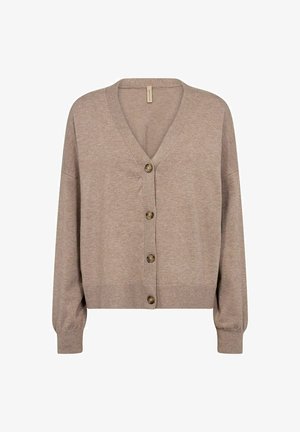 Beige knitted cardigan with a V-neck, long sleeves, and button closure. Features ribbed cuffs and hem, made from soft fabric.